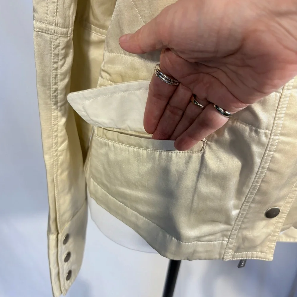 Theory Pearlized Utility Jacket Hidden Hood Adjustable Waist Cinch Ivory~S🧡